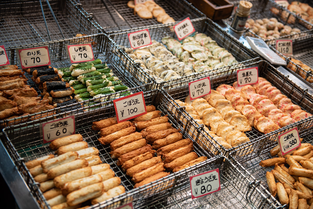 display of street food in Tsukiji market in Tokyo
