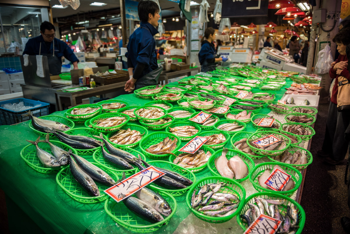 neon green baskets at the fish market in Kanazawa