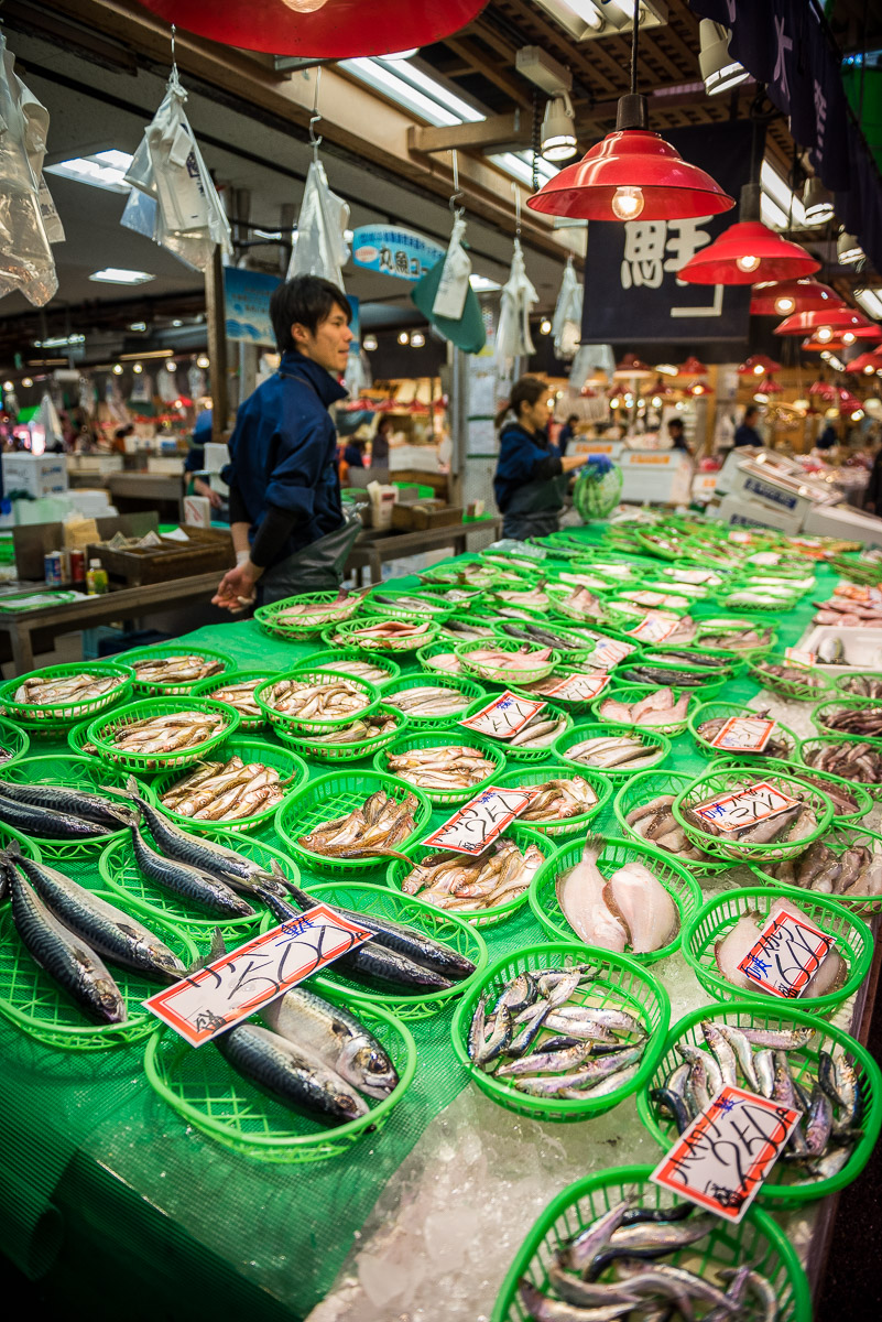 neon green baskets at the fish market in Kanazawa